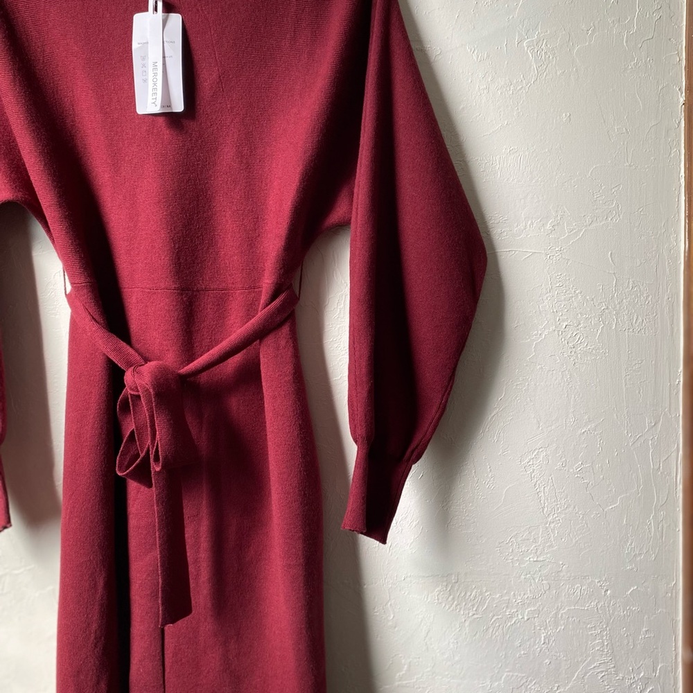 🎄NWT MEROKEETY Off Shoulder Ribbed Knit Sweater Dress Wine Red Fall Mini Dress M - Picture 5 of 8